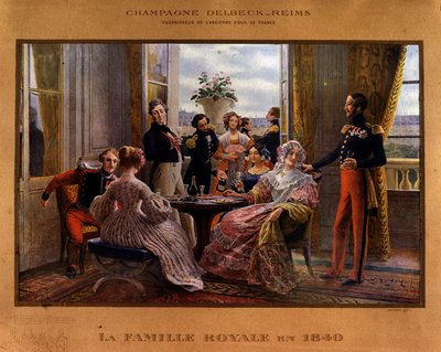 Champagne servert ved det kongelige bordet i 1840 - Reklameplakat for Delbeck-champagnen "" Leverandør av det tidligere hoffet i Frankrike "", sent på 1800-tallet av Unknown artist