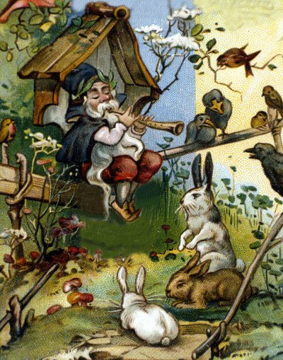Karakteren til dverg- eller farfadet-fløytespilleren. 1800-talls kromolitografi. av Unknown artist