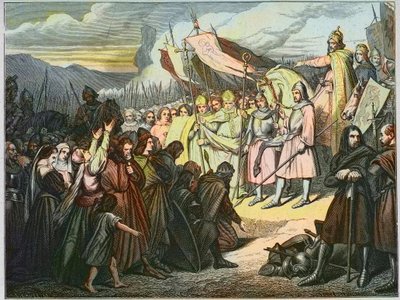 Charlemagne aksepterer Wittekinds overgivelse i Paderborn (785) - Karl den Stores seier (742-814) over den saksiske armen til Widukind av Sachsen (Wittekind) i 785 (Widukind eller Witikind - Widukind av saksiske kriger: germansk leder av sakserne Widukind  av Unknown artist