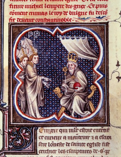 Karl den Store og biskopene. Miniatyr i "" Grandes Chronicles de France. Grandes Chronicles de France av Charles V” (folio 102), rundt 1375-1380. BN, Paris av Unknown artist