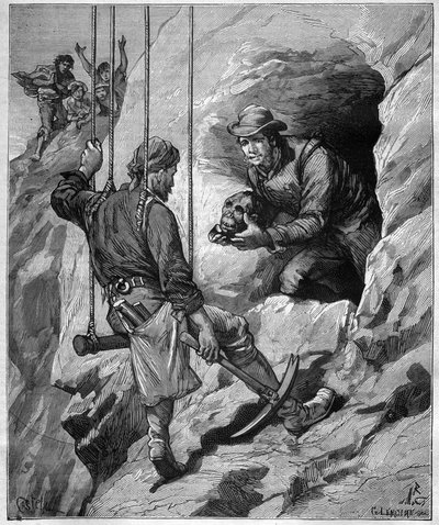 Charles Wiener (1851-1913) fransk oppdagelsesreisende og diplomat som utforsker en gravhule i Peru - gravering i "" journal des voyages""" 1887 av Unknown artist