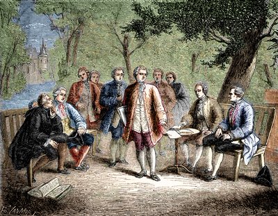 Charles de Secondat Montesquieu with the scientific cenacle at Castle Clairac, France - Le cenacle scientifique du chateau de Clairac: Montesquieu et le baron de Secondat, son, le chevalier de Vivens, Romas et les freres Dutilh - in “Album de la Science; i av Unknown artist