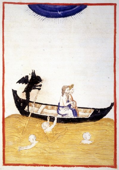 Charon (Caron) får Dante og Virgil Acheron til å krysse elven av underverdenen - i "Den guddommelige komedie"" av Dante Alighieri, miniatyr av et manuskript fra 1300-tallet, Bibl. Municipal de Rimini. av Unknown artist