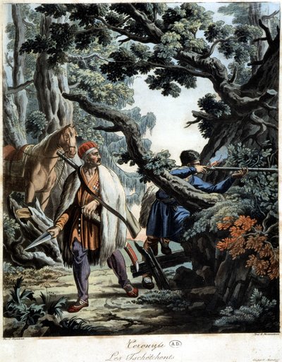 Tsjetsjenere overfalt i en Kaukasus-skog, deb. 1800-tallet av Unknown artist