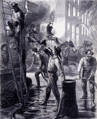Chicago Fire Brigade Breaking a Fire, USA. 1800-tallet av Unknown artist