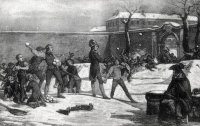 Childhood of Napoleon I Bonaparte (1769 - 1821) at the military school of Brienne le Chateau (Dawn) in 1782: Napoleon in the midst of a snowball battle between children. av Unknown artist