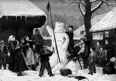 Children making a snowman in a village in the Alps. Engraving in “” Le Journal de la jeunesse”” av Unknown artist