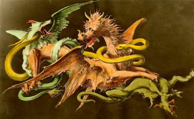 Chimeres En drage som kjemper mot to monstre. Gravering fra 1800-tallet. av Unknown artist