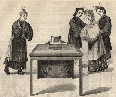 Kinesisk skikk: signering av en ekteskapskontrakt. Et nettbrett med navnene til de to ektefellene legges på et bord med to duer. Gravering i ""The Illustrated London News"" av 14. februar 1857. av Unknown artist