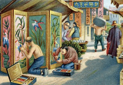 Kinesiske plumassiers som jobber på gaten: de lager paneler eller skjermer ved å bruke en nål og fjær. Kromolitografi fra 1800-tallet av Unknown artist