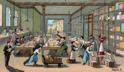 Chocolate manufacture: packaging, shipping. Chromolithography of the end of the 19th century av Unknown artist