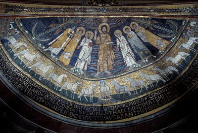 Kristus blant St Paul, St Cecilia, St Pascal, St Peter, St Valeriano og St Agata (mosaikk, 821) av Unknown artist