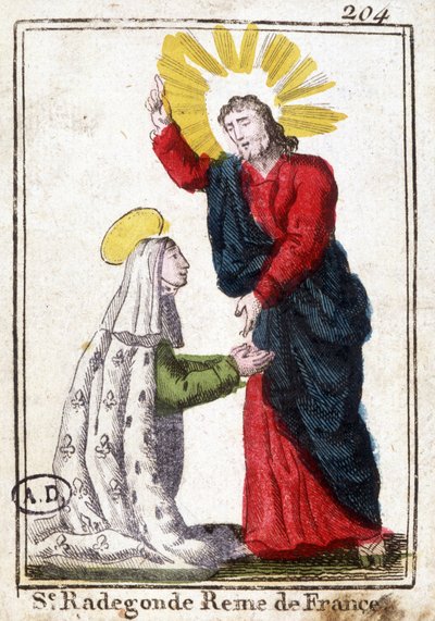 Kristus og den hellige Radegonde (ca. 520 - 587), dronning av Frankrike, hustru til Clotaire (Clothaire) I. fromt bilde. Gravering fra begynnelsen av 1800-tallet. Bibliotheque des Arts décoratifs de Paris. av Unknown artist