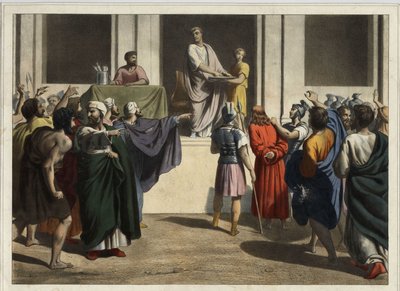 Kristus før Pontius Pilatius: Da Pilatus så at folket ønsket Jesu død og fryktet et opprør, tok han vann, vasket hendene for folkemengden og sa: «Jeg er ikke ansvarlig for dette blodet; det er opp til deg å se». Anonym gravering fra mi av Unknown artist