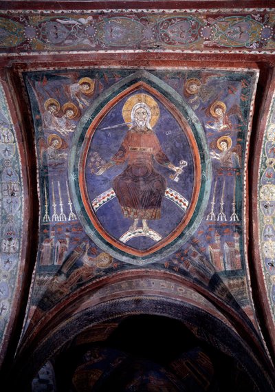 Kristus fra apokalypsen til det tveegget sverd som kommer fra munnen, freskomaleri 1200-tallet av Unknown artist