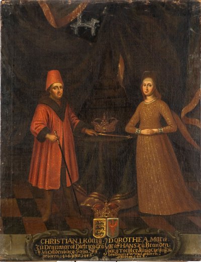 Christian I av Danmark, Norge og Sverige og Dronning Dorothee av Brandenburg Kulmbach - Kong Christian I av Danmark (1426-1481) og Dronning Dorothea (1430-1496), Anonym Olje på lerret. Mål: 102x80 cm. Nasjonalmuseet Stockholm av Unknown artist