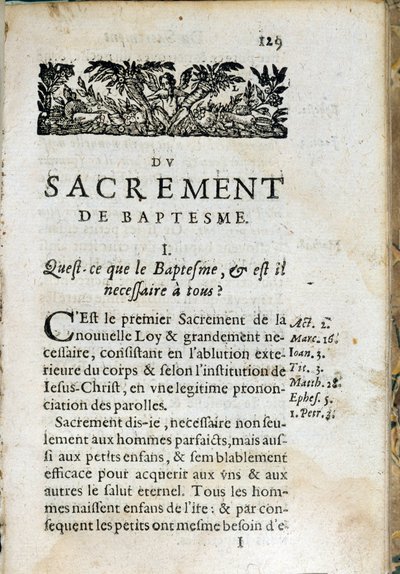 Kristen religion: indre side av boken "Den store katekismus"". Verk av Pierre Canisius (1600-tallet) av Unknown artist