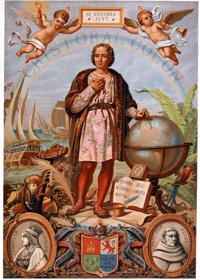 Christopher Columbus. Til venstre, portrett av Isabella den katolske, dronning av Castilla (1451-1504). Spansk kromolitografi fra 1800-tallet av Unknown artist