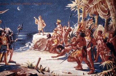 Christopher Columbus spår måneformørkelsen for indianerne. 1800-talls kromolitografi. av Unknown artist