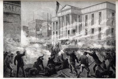 Cincinnati Courthouse-opptøyer i 1884 - et opprør startet etter en jurydom om drap etter en beryktet drapsrettssak, 28. mars 1884 - av Unknown artist