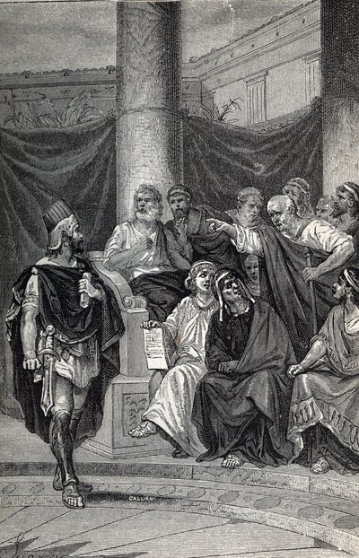 Cineas viktige rådgiver for kong Pyrrhus som prøver å forhandle med romerne etter slaget ved Heraclea 280 f.Kr., gravering 1884 av Unknown artist