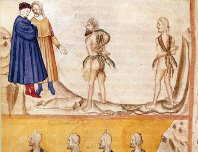 Circle of Thieves: Vanni Fucci (1200-tallet) forutså Dante og Virgil nederlaget til de hvite gulfene. Opplyst side som illustrerer den 24. helvetesangen er hentet fra "Divina Commedia" av Dante Alighieri (1265-1321). 1300-tallet, Venezia, Bibliotec av Unknown artist
