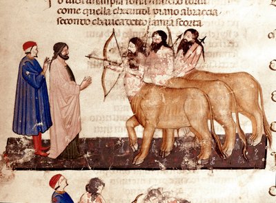 Circle of Violents: Dante og Virgil møter Kentaurens våpen med pil og bue. Opplyst side som illustrerer den syvende helvetesangen fra "Divina Commedia" av Dante Alighieri (1265-1321). 1300-tallet, Venezia, Biblioteca Marciana av Unknown artist