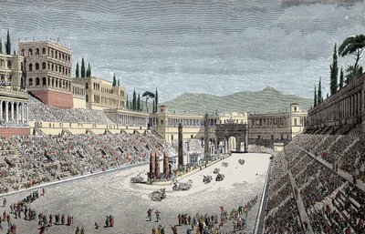 Circus Maximus - Det store sirkuset eller sirkus Maxime, i Roma, med et vognløp - Fargegravering av Unknown artist