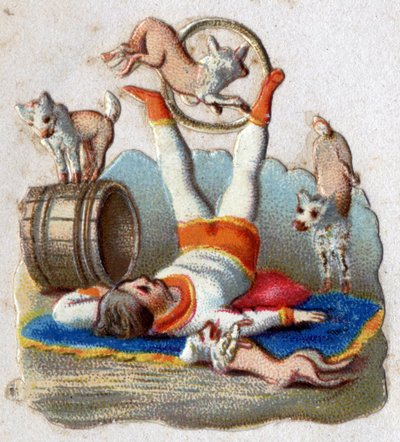 Circus: a tamer of animals making catches has dogs, including one passing in a hoop. Chromolithography around 1890. av Unknown artist