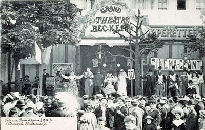 Sirkusforestilling foran Grand Theatre Becker i Paris i 1906 (bilde) av Unknown Artist