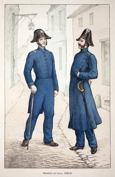 Bysersjanter (1829-1830). Etsning i farger, for illustrasjon "" History of the corps of peacekeepers""" bok utgitt i regi av Louis Lepine (1846-1933), prefekt for politiet på Seinen, av Alfred Rey (1864-?) og Louis Feron (1862) -?) av Unknown artist