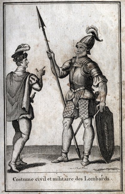 Sivil og militær drakt av langobardene (Lombardia) i middelalderen. Gravering i "Beaute de l'histoire du basse empire" redige av PJBN 1814. av Unknown artist
