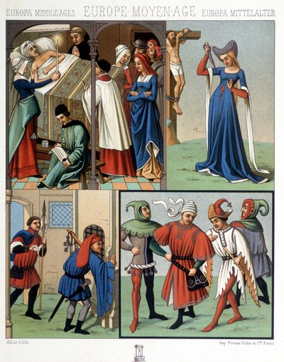 Sivile drakter i middelalderen fra 1300- til 1400-tallet. I «Den historiske drakten» av A. Racquet av Unknown artist