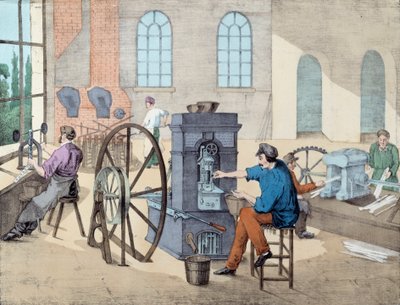 Myntfremstilling: arbeidere som jobber i en fabrikk på forskjellige stadier, støper og støper mynter. Gravering av 1800-tallets Paris, dekorativ kunst av Unknown artist