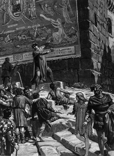 Cola di Rienzo (1314-1354), i kampanjen for å bli en tribune for det romerske folket, forklarer folket i Roma freskomaleriene han hadde installert i Capitol som symboliserer Romas smerte i et dechainee-hav omgitt av Troja, Jerusalem, Kartago og Ba av Unknown artist