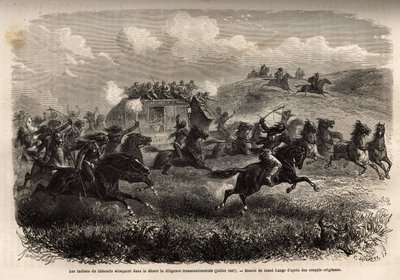Colorado-indianere angriper transkontinental flid i ørkenen i juli 1867. Gravering for illustrasjon av turen til det amerikanske vesten, av ML Simonin, i 1867, publisert i «Le tour du monde, nouveau journal des voyages»», redigert av Edouard Chart av Unknown artist
