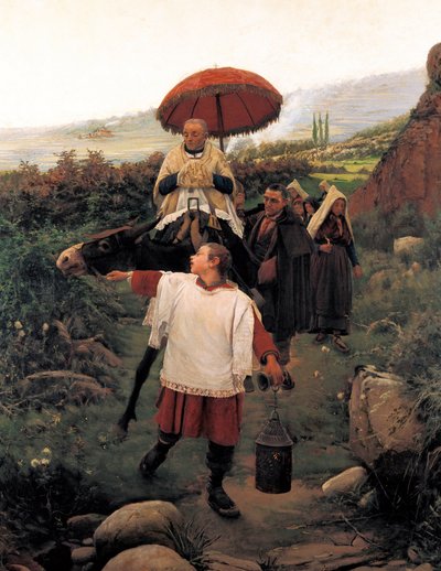 "" Kombiner fjellet "" Religious Cortege i et fjell. Maleri av Mariano VAYREDA VILA (1853-1903). Spania, Olot. Garrotxa regionale museum. av Unknown artist