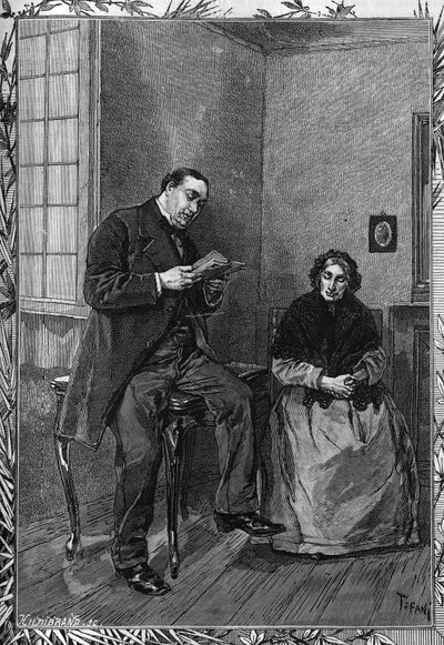 Komikeren Moessard leser kona. Gravering i den berømte journalen "" La jeunesse"" av Unknown artist