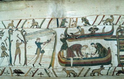 Erobringen av England av hertugen av Normandie Vilhelm Erobreren (1027-1087): bygging av den normanniske flåten Detalj av billedvev av Bayeux eller broderi av dronning Mathilde av Unknown artist