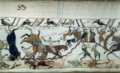 Erobringen av England av hertugen av Normandie Vilhelm Erobreren (1027-1087) i 1066: Slaget ved Hastings Detalj av Bayeux-teppet eller broderi av dronning Mathilde av Unknown artist