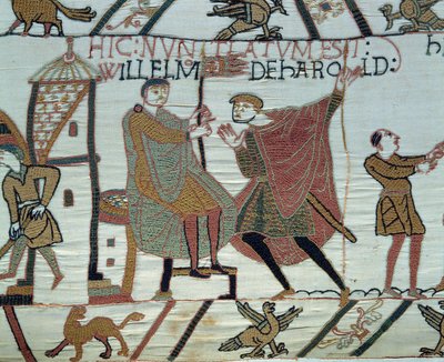 Erobringen av England av hertugen av Normandie Vilhelm Erobreren (1027-1087) i 1066: en utkikk rapporterer fakta om Harold II til William i slaget ved Hastings. Detalj av Bayeux-teppet eller broderi av dronning Mathilde av Unknown artist
