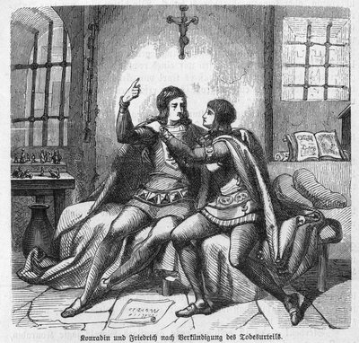 Conradin of Swabia and Frederick of Baden Being Informed of Their Execution in Prison in Naples - Conradin of Swabia and Friedrich of Baden awaiting sentence - Conradin of Hohenstaufen, King of Sicily (Italy) and Jerusalem (Israel) under the name of Conrad av Unknown artist