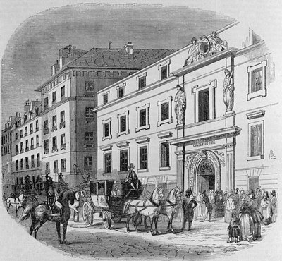 Musikkonservatoriet i rue du Faubourg Poissonniere i Paris: konsertinngang. Gravering fra 1860 av Unknown artist