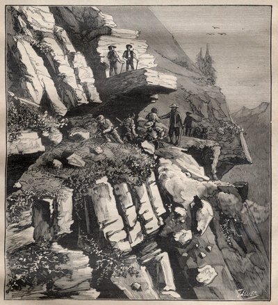Bygging av en fjellvei i Alpene - Gravering i "La Science francaise"" av Unknown artist