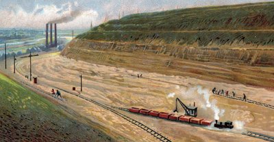 Byggingen av Albertkanalen på 1930-tallet, som forbinder havnen i Liège med havnen i Antwerpen, Belgia (Graving av Albertkanalen på 1930-tallet (trettiårene) mellom Antwerpen og Liège, Belgia) Kromolitografi av Unknown Artist