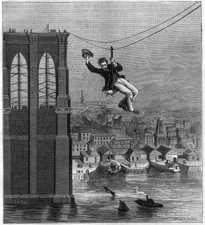Bygging av Brooklyn Bridge i New York: Mr. Farrington, sjefsmekaniker for konstruksjon, flytter fra en haug til en annen ved å bruke den første strakte ledningen (25. august av Unknown artist