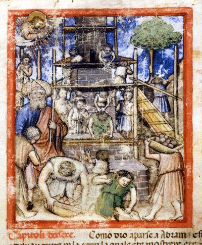 Bygging av Babelstårnet. Miniatyrer fra codex 212 (eller Padovano Codice eller Bible of Padua) 1390-1400 Rovigo, Accademia dei Concordi av Unknown artist