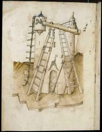 Byggearbeid - Manuskript: pergamentark av en ingeniørhåndbok for bygging av sivile, religiøse og militære bygninger, anonymt, sent på 1400-tallet (figur med kinesisk blekk) av Unknown artist