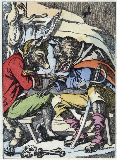 Conversation between the wolf and the fox. Illustration of the tale “Compere le Loup, Maitre Renard, Comere la Chevre et ses petits biquets”” after a fable by Jean de la Fontaine. In “” Tales from the home for the little ones””. Anonymous engraving of the  av Unknown artist