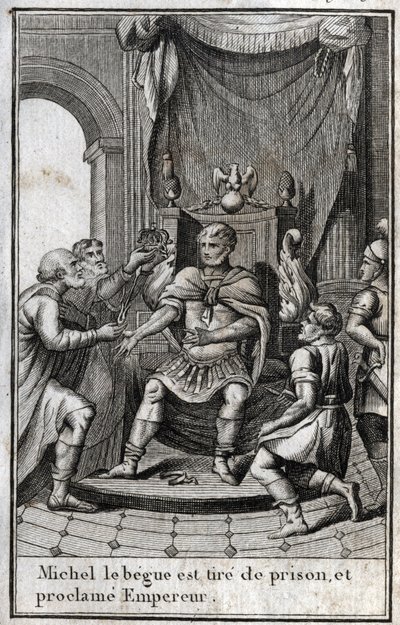 Kroningen av Michael II den amoriske (Begue) (770-829) som bysantinsk keiser etter løslatelsen fra fengselet i 820. Han er grunnleggeren av det amoriske dynastiet. Gravering i "Beaute de l